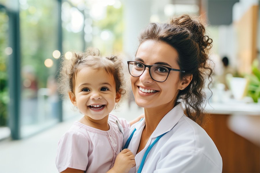 Female doctor holding a smiling child at hospital